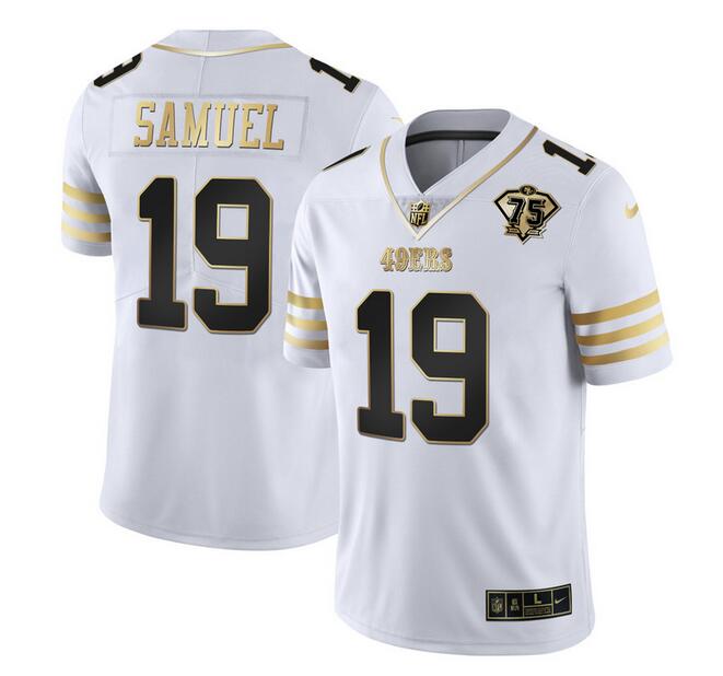 Men's San Francisco 49ers #19 Deebo Samuel White Gold With 75th Patch Stitched Jersey